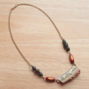 Abalone Shell Slice Bib Choker Necklace Wood Bead Gold Tone Chain Beachy 17"